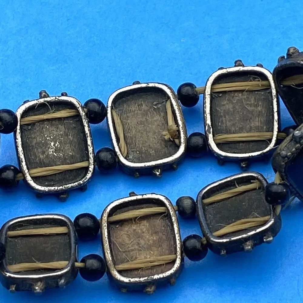 Art Deco Czech Style Black Glass Floral 10 Panel Stretch Bracelet Vintage